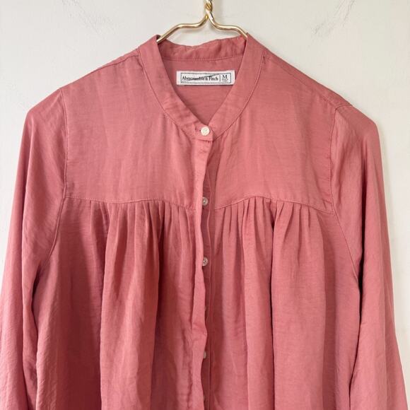 abercrombie & fitch Salmon Pink Silky Collarless Tie Sleeve Oversized Shirt M - Picture 2 of 8
